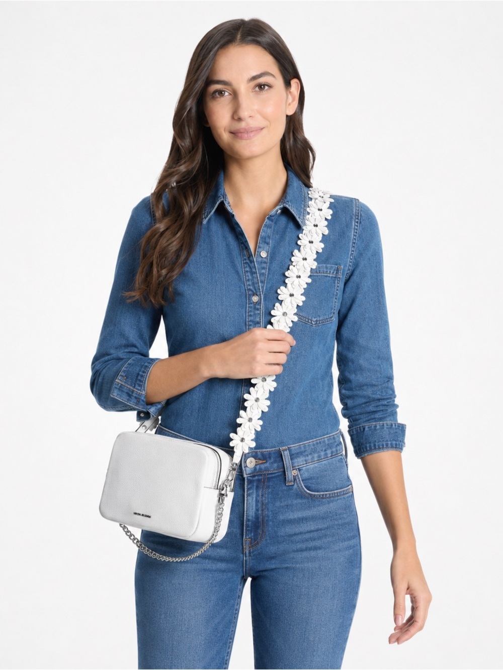 Michael Kors Bryant White Rose Floral Strap Leather Crossbody
